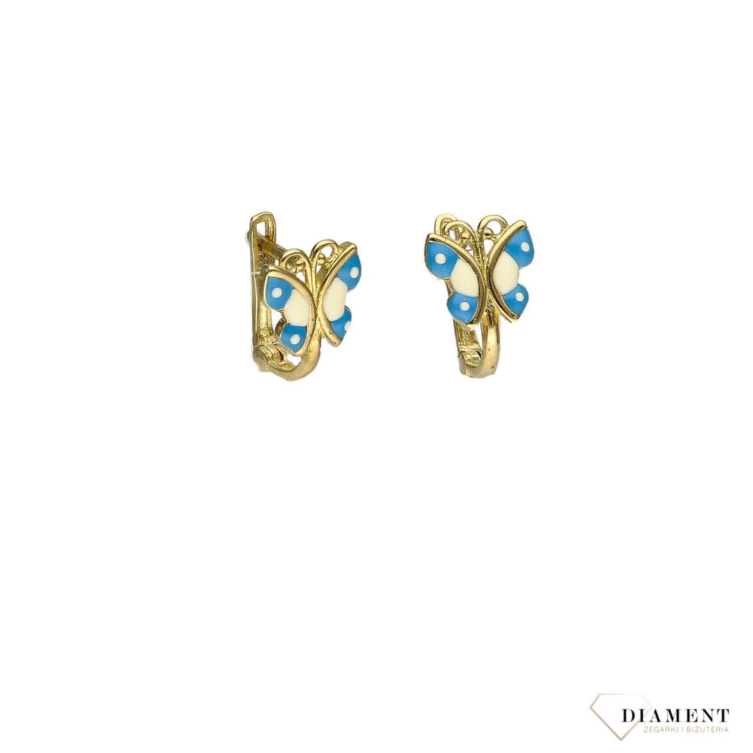 Złote kolczyki 333 niebieskie motylki z emalią.jpg